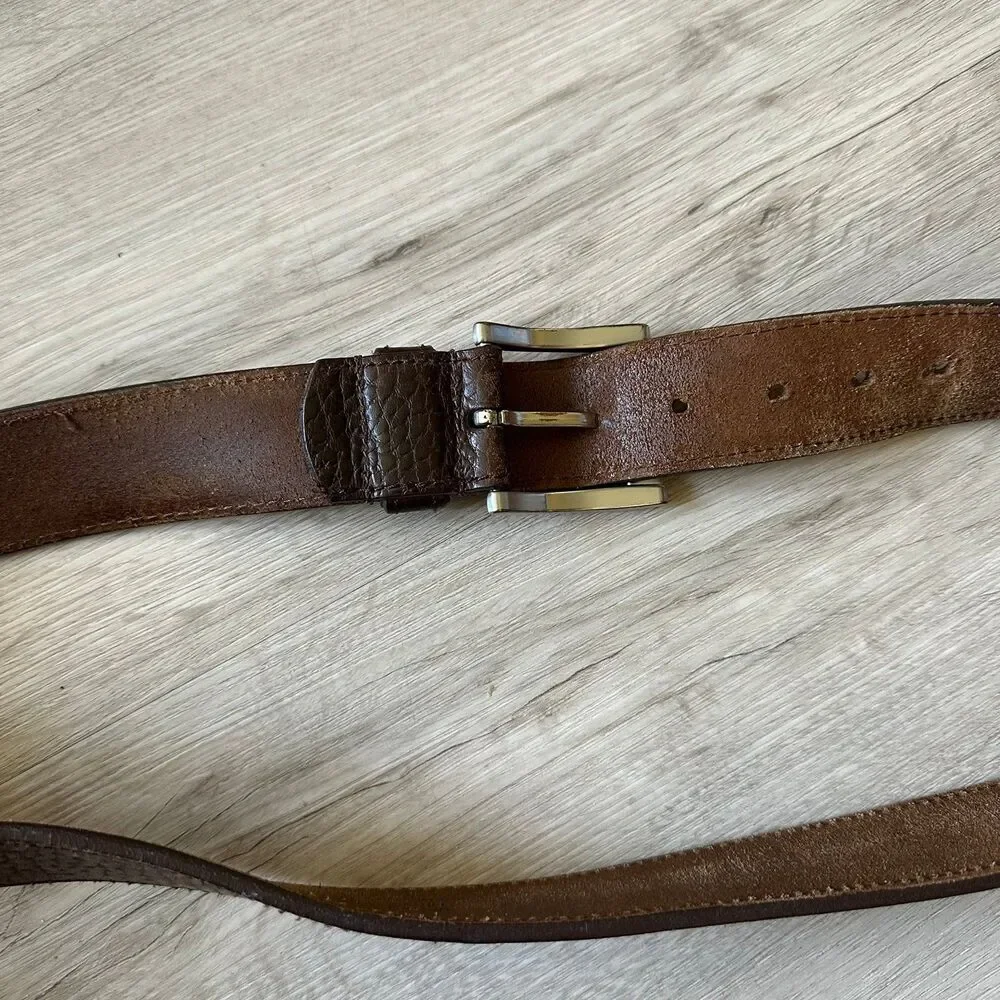 Dark Brown Men's Textured Genuine Leather Belt with Heavy Silver Buckle Size 44